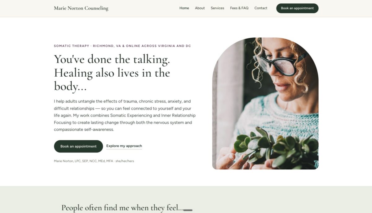 Marie Norton Counseling website homepage designed by Therapy Website Designers, a somatic therapy practice in Richmond
