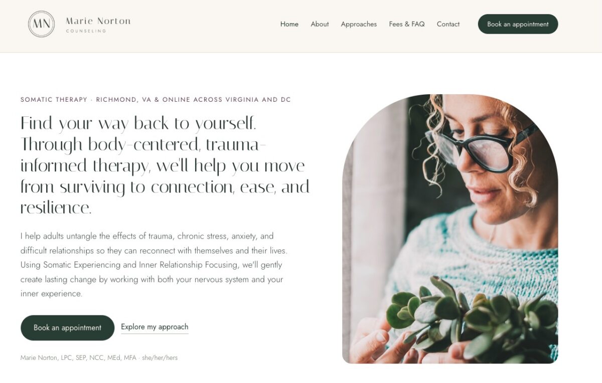 Marie Norton Counseling website homepage designed by Therapy Website Designers, a somatic therapy practice in Richmond